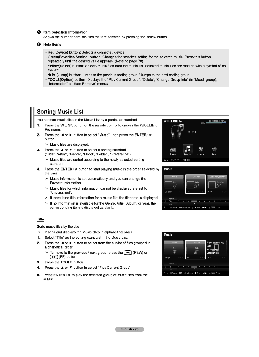 Samsung LN52A750R1F, LN46A750R1F, LN40A750R1F user manual Sorting Music List, Title 