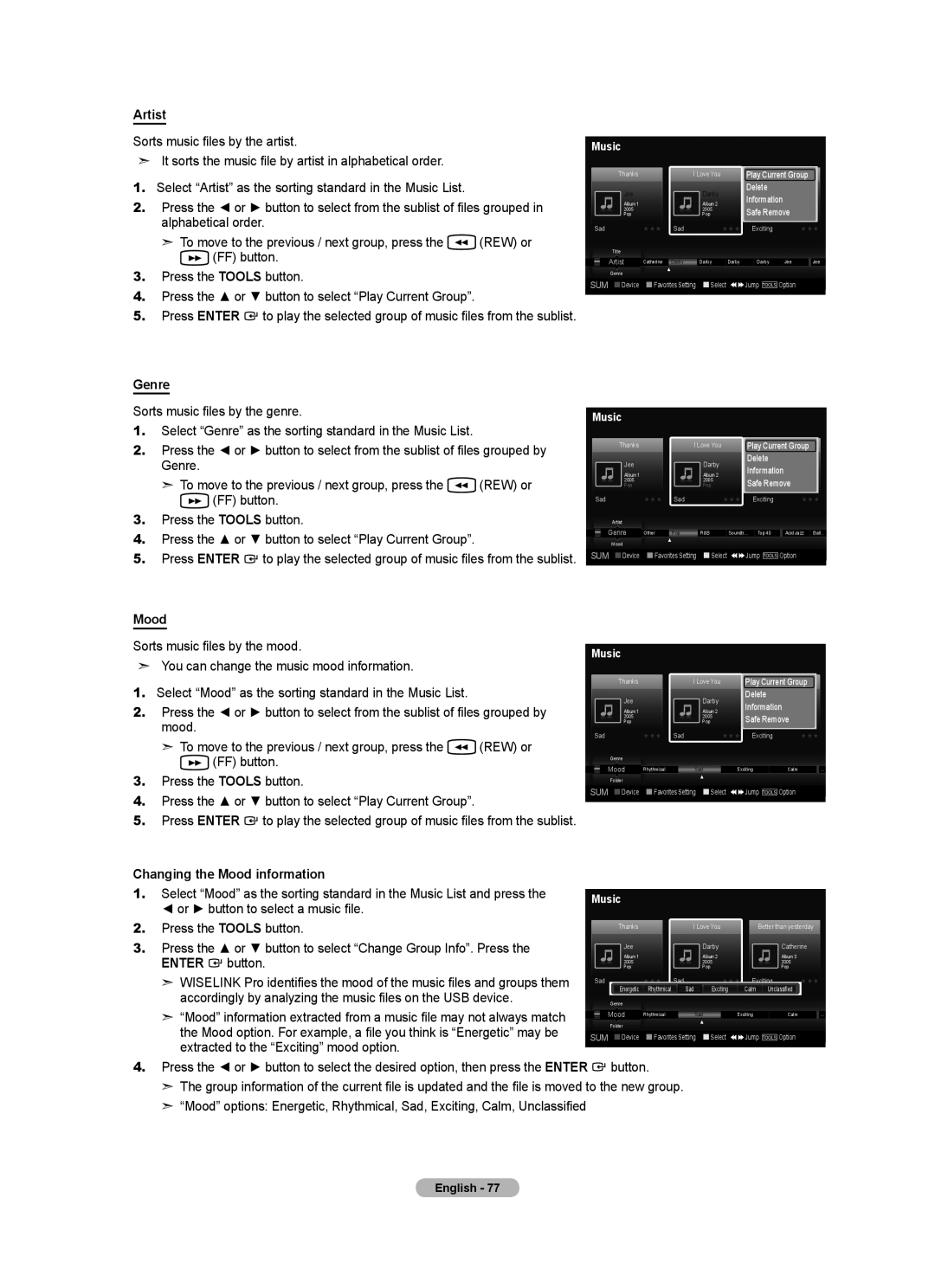 Samsung LN46A750R1F, LN52A750R1F, LN40A750R1F user manual Artist, Genre, Changing the Mood information 