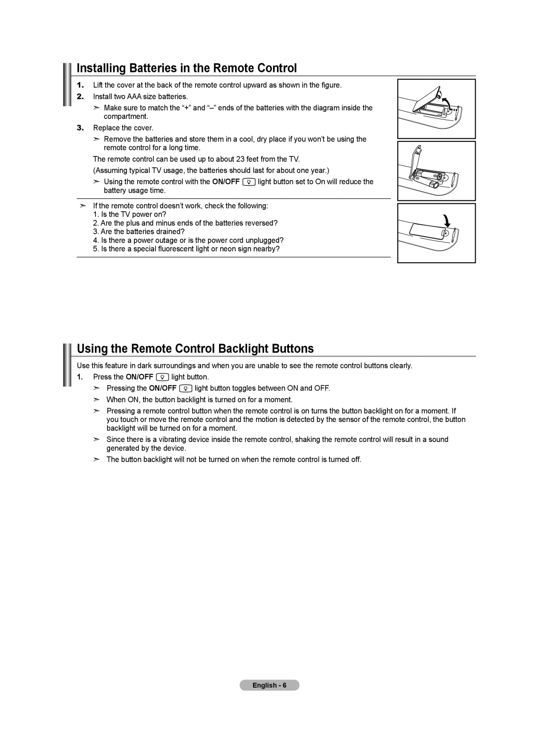 Samsung LN40A750R1F, LN52A750R1F Installing Batteries in the Remote Control, Using the Remote Control Backlight Buttons 