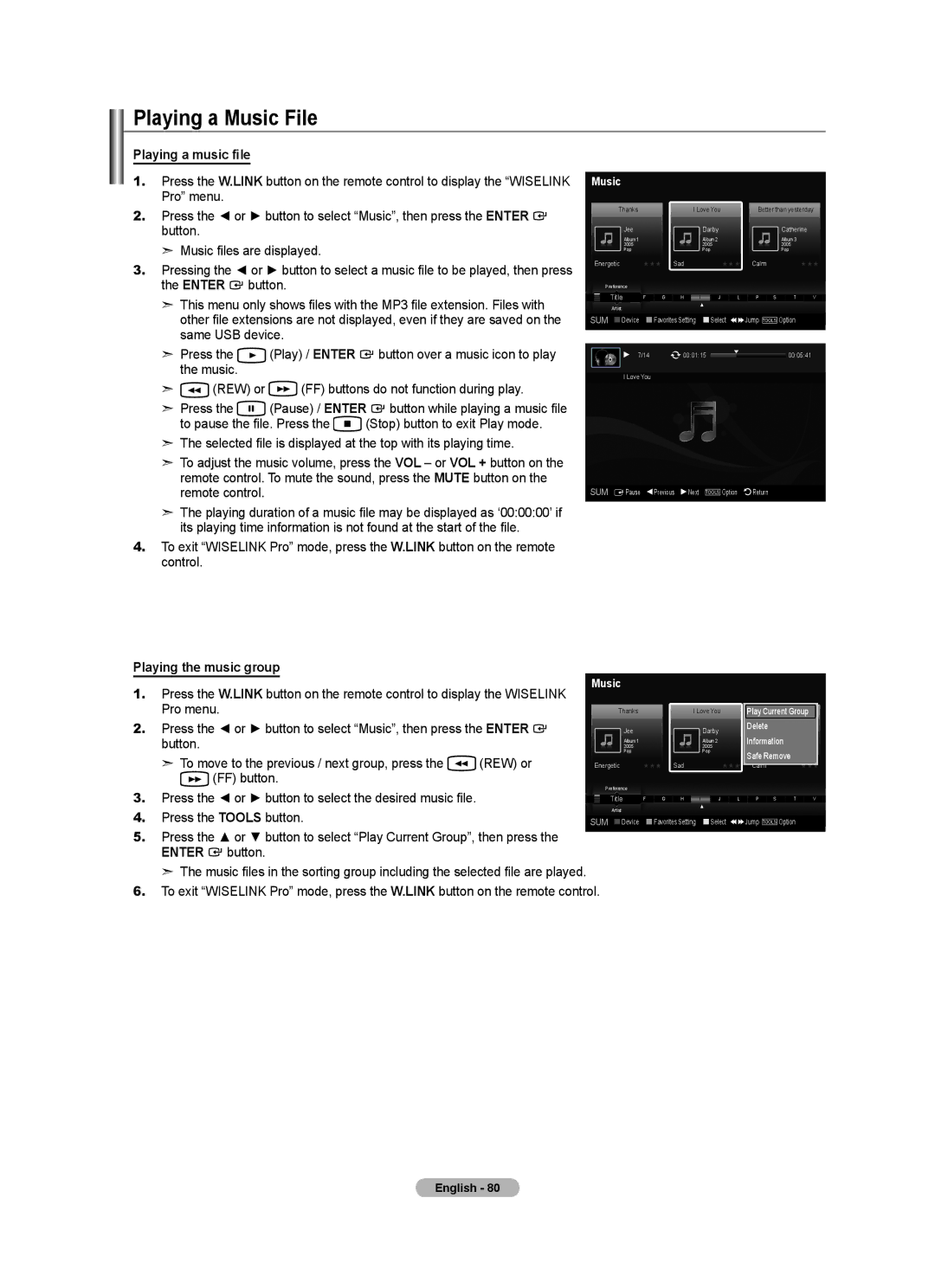 Samsung LN46A750R1F, LN52A750R1F, LN40A750R1F user manual Playing a Music File, Playing a music file, Playing the music group 