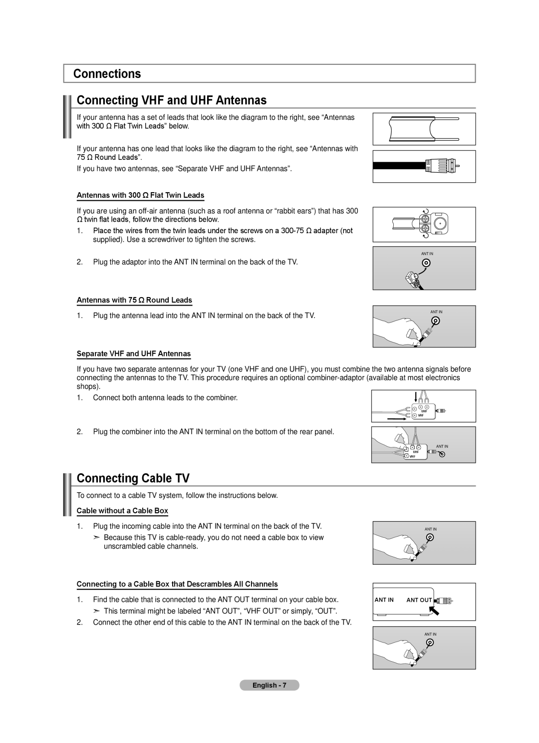 Samsung LN52A750R1F, LN46A750R1F, LN40A750R1F user manual Connections Connecting VHF and UHF Antennas, Connecting Cable TV 