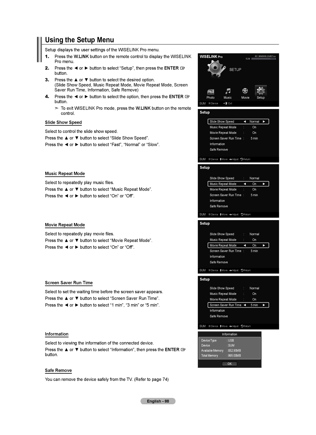 Samsung LN52A750R1F, LN46A750R1F Using the Setup Menu, Music Repeat Mode, Movie Repeat Mode, Screen Saver Run Time 