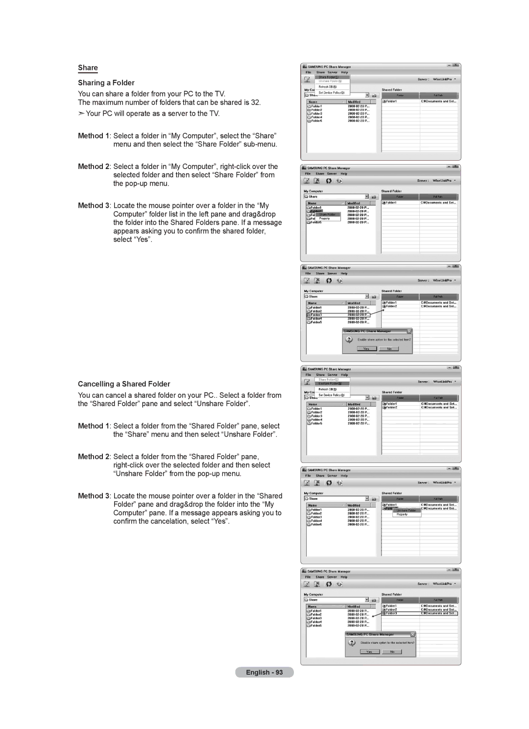 Samsung LN40A750R1F, LN52A750R1F, LN46A750R1F user manual Share Sharing a Folder, Cancelling a Shared Folder 