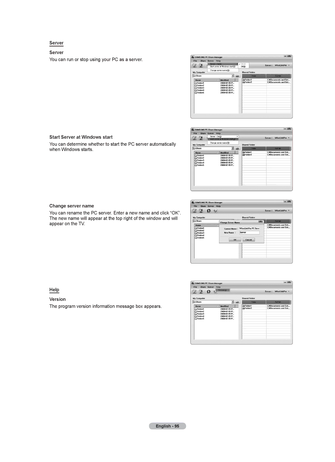 Samsung LN46A750R1F, LN52A750R1F, LN40A750R1F user manual Start Server at Windows start, Change server name, Help Version 