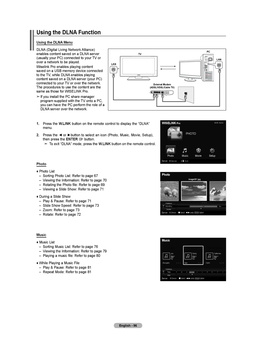 Samsung LN40A750R1F, LN52A750R1F, LN46A750R1F user manual Using the Dlna Function, Using the Dlna Menu, Photo, Music 