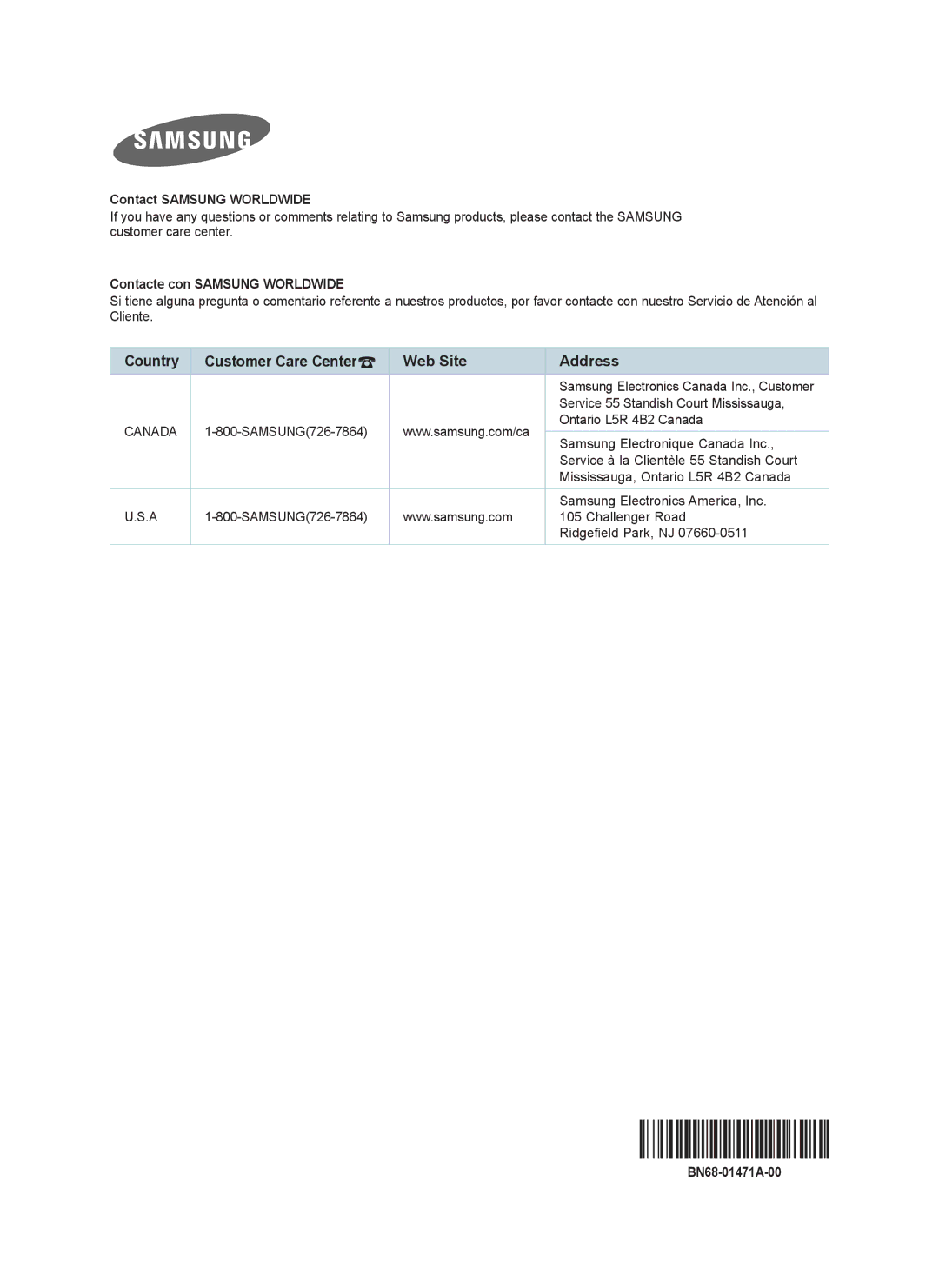 Samsung LN52A750RF Contact Samsung Worldwide, Contacte con Samsung Worldwide, Samsung Electronics Canada Inc., Customer 