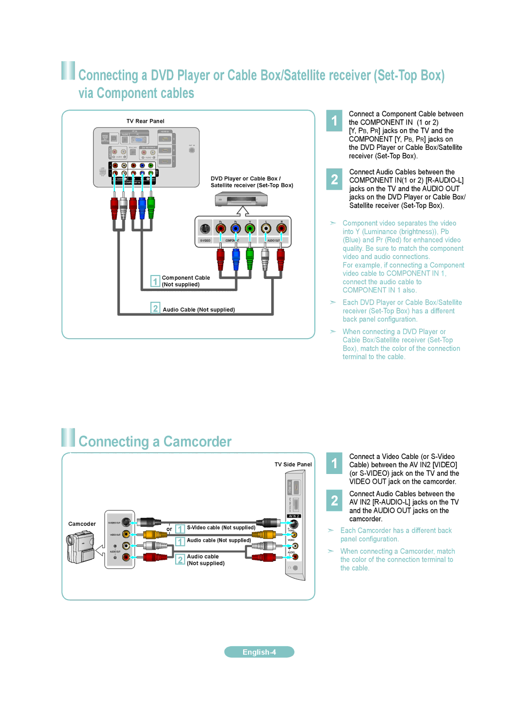 Samsung LN40A750RF, LN52A750RF, LN46A750RF Connecting a Camcorder, Connect a Component Cable between Component in 1 or 