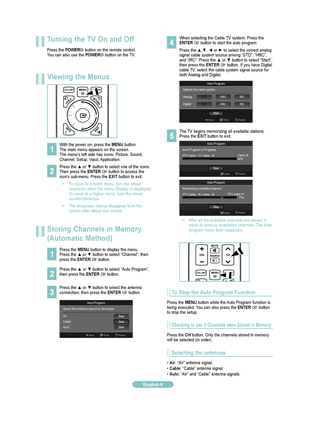 Samsung LN46A750RF Turning the TV On and Off, Viewing the Menus, To Stop the Auto Program Function, Selecting the antennas 