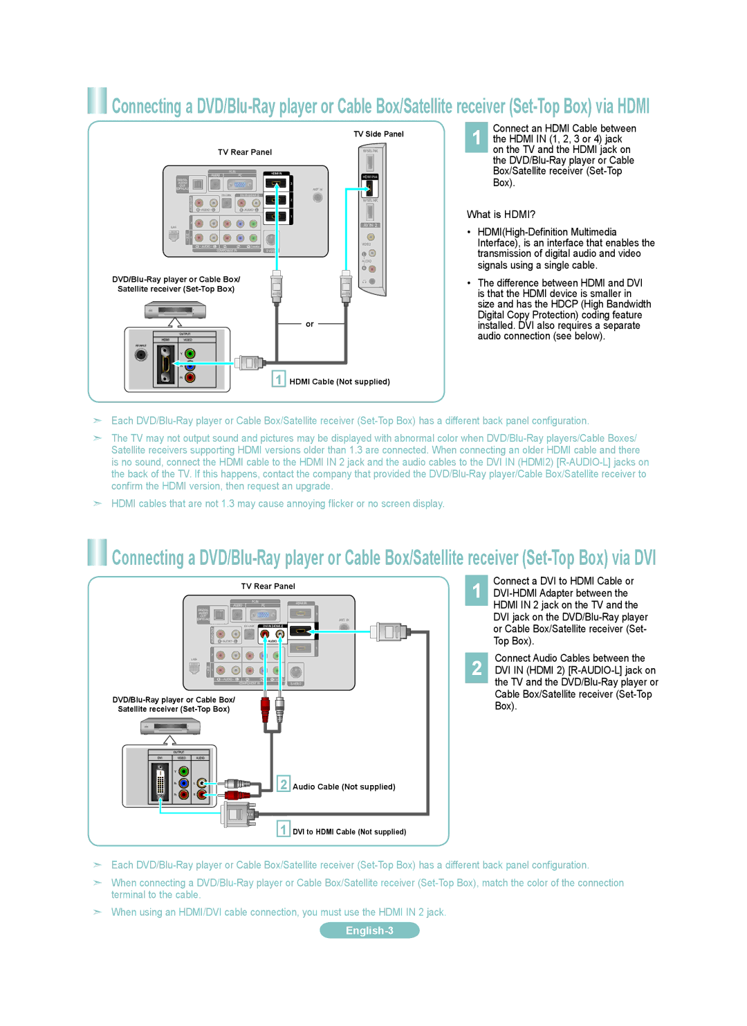 Samsung LN46A850S1F Hdmi in 1, 2, 3 or 4 jack, Box What is HDMI?, Connect a DVI to Hdmi Cable or, DVI-HDMI Adapter between 