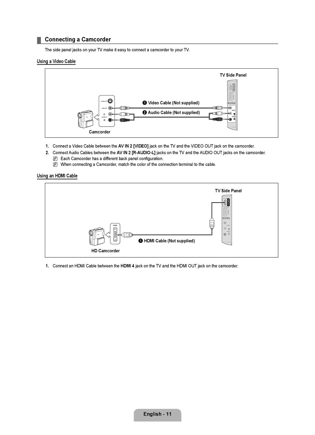 Samsung LN40B540, LN52B540, LN46B540 user manual Connecting a Camcorder, Using a Video Cable, Using an Hdmi Cable 