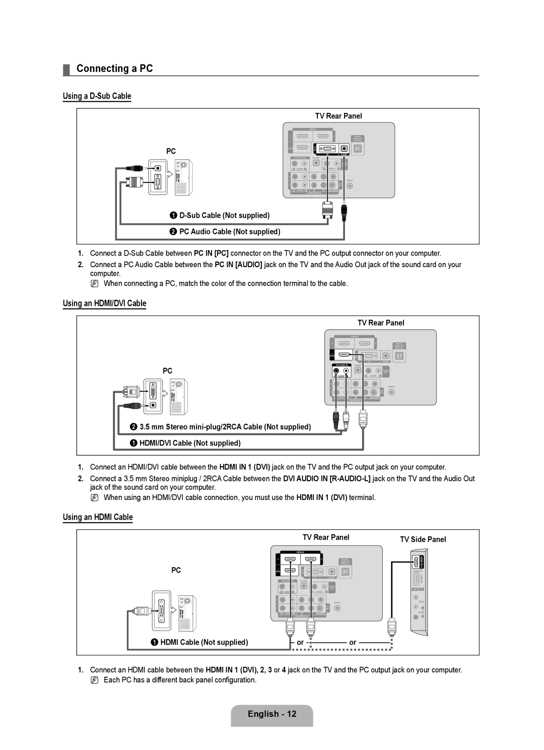 Samsung LN46B540, LN52B540, LN40B540 user manual Connecting a PC, Using a D-Sub Cable, Using an HDMI/DVI Cable 