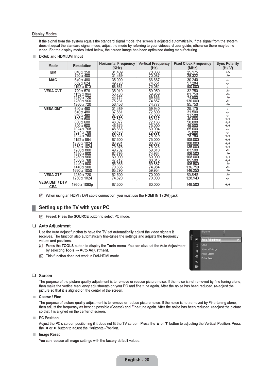 Samsung LN40B540, LN52B540, LN46B540 user manual Setting up the TV with your PC, Display Modes, Auto Adjustment, Screen 