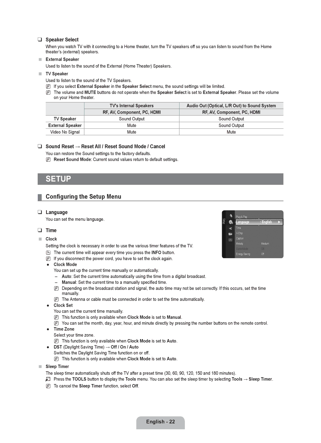 Samsung LN52B540 Configuring the Setup Menu, Speaker Select, Sound Reset → Reset All / Reset Sound Mode / Cancel 