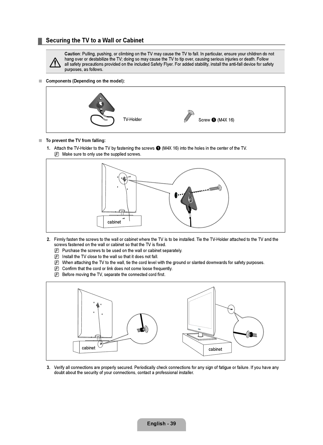 Samsung LN46B540 Securing the TV to a Wall or Cabinet, English ,  Components Depending on the model, TV-Holder 