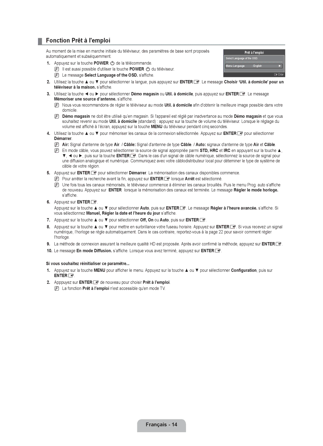 Samsung LN40B540, LN52B540, LN46B540 user manual Fonction Prêt à lemploi, Si vous souhaitez réinitialiser ce paramètre 