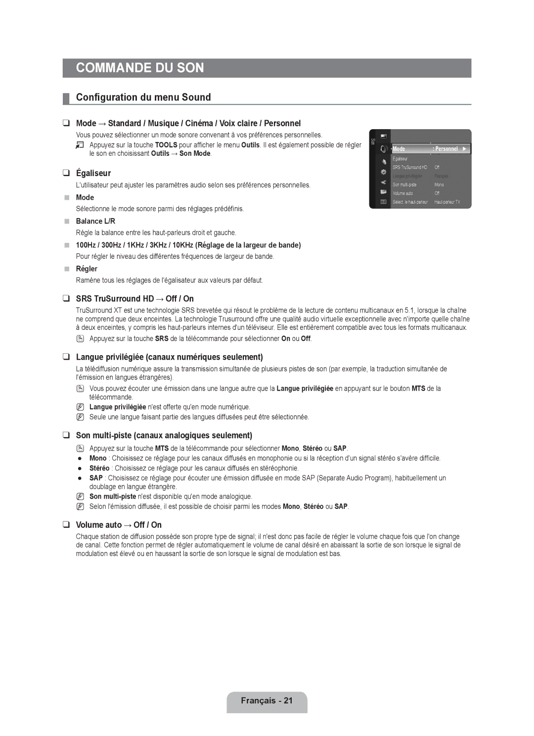 Samsung LN46B540, LN52B540, LN40B540 user manual Commande du son, Configuration du menu Sound 