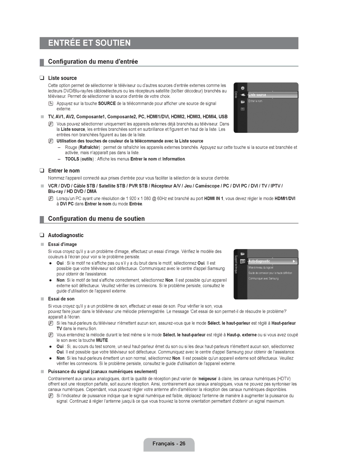 Samsung LN40B540, LN52B540, LN46B540 Entrée et soutien, Configuration du menu dentrée, Configuration du menu de soutien 