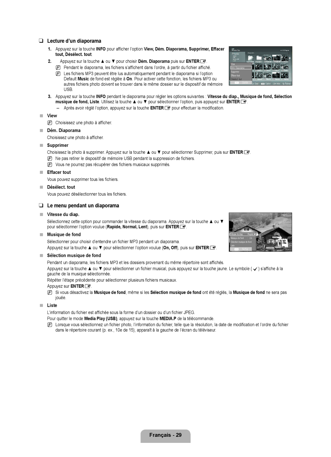 Samsung LN40B540, LN52B540, LN46B540 user manual Lecture d’un diaporama, Le menu pendant un diaporama 