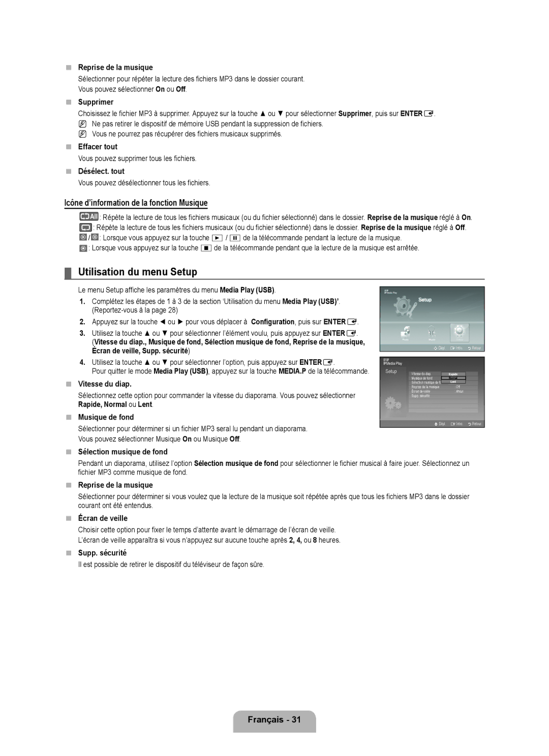 Samsung LN52B540, LN40B540 Utilisation du menu Setup, Icône d’information de la fonction Musique,  Reprise de la musique 