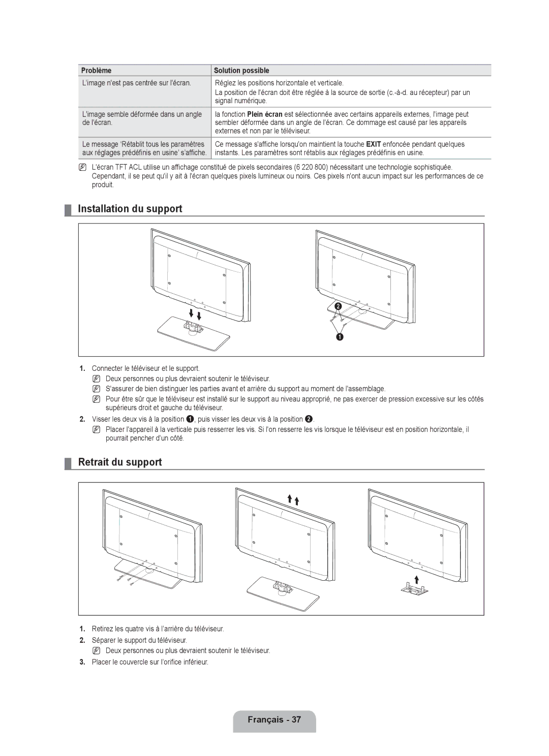 Samsung LN52B540, LN40B540, LN46B540 user manual Installation du support, Retrait du support 