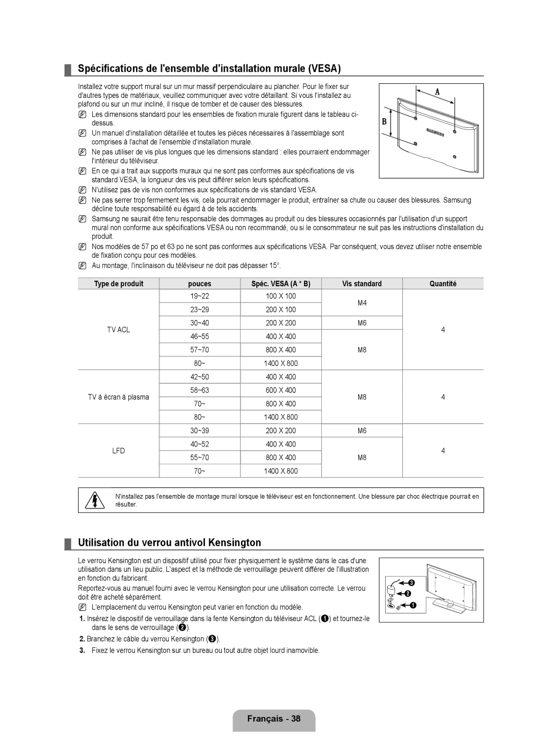 Samsung LN40B540, LN52B540 Spécifications de lensemble dinstallation murale Vesa, Utilisation du verrou antivol Kensington 