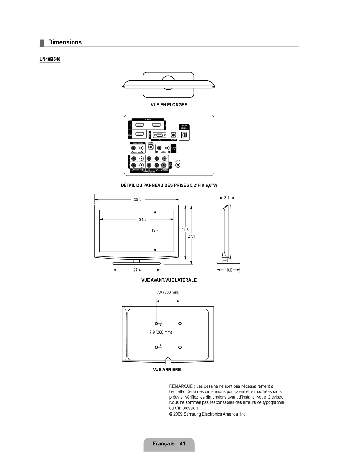 Samsung LN40B540, LN52B540, LN46B540 user manual VUE EN Plongée Détail DU Panneau DES Prises 5,2H X 6,6W 