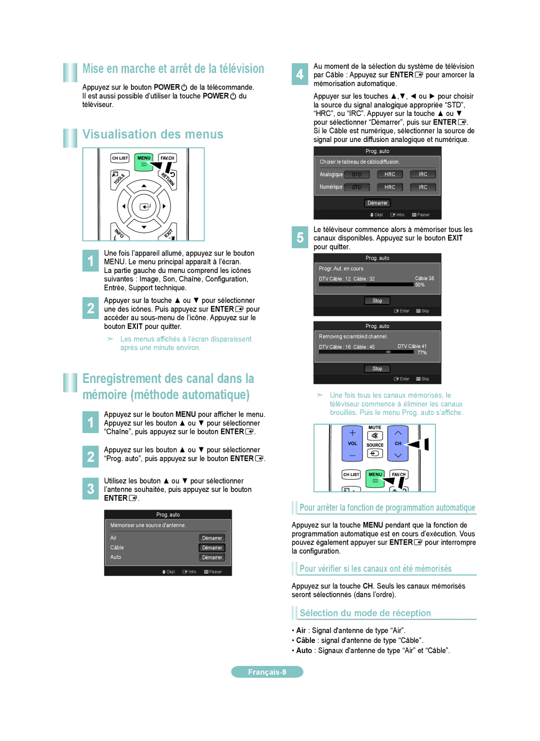 Samsung LN37B550 Visualisation des menus, Pour vérifier si les canaux ont été mémorisés, Sélection du mode de réception 