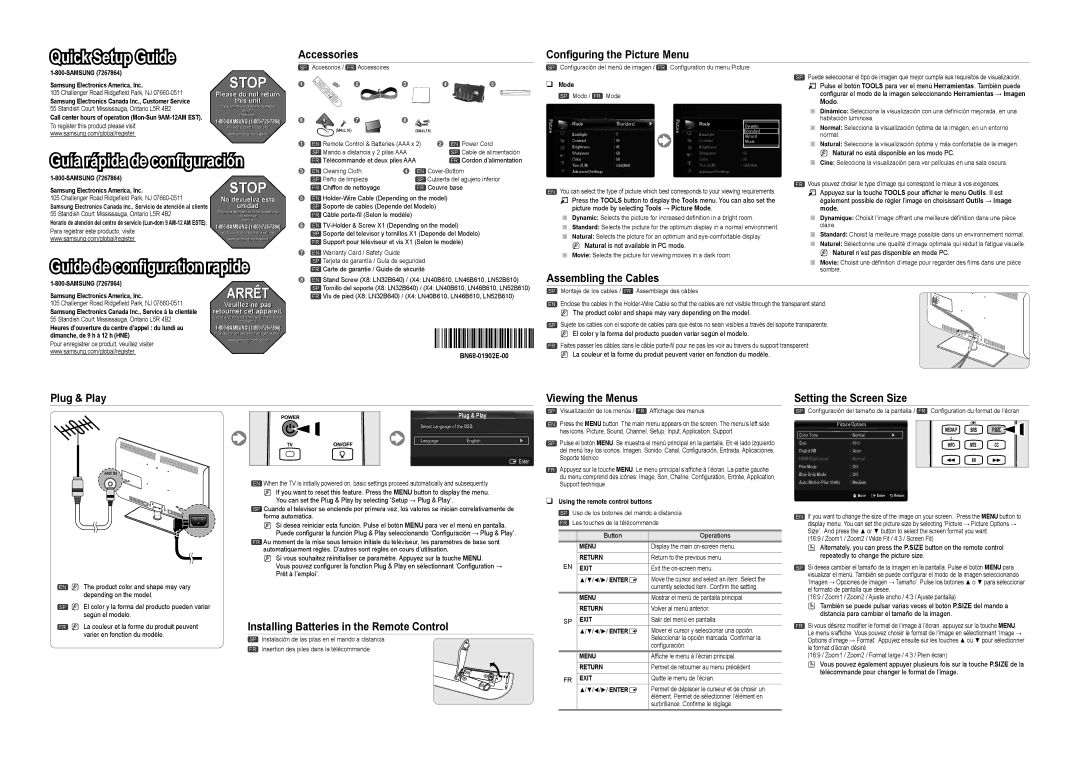 Samsung LN32B640, LN52B610 setup guide Accessories, Conﬁguring the Picture Menu, Assembling the Cables, Plug & Play 