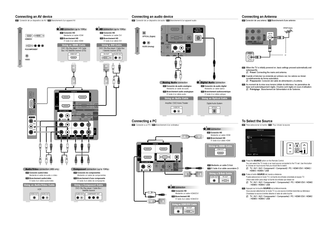 Samsung LN40B610, LN52B610, LN32B640, LN46B610 setup guide Connecting an AV device, Connecting a PC, To Select the Source 