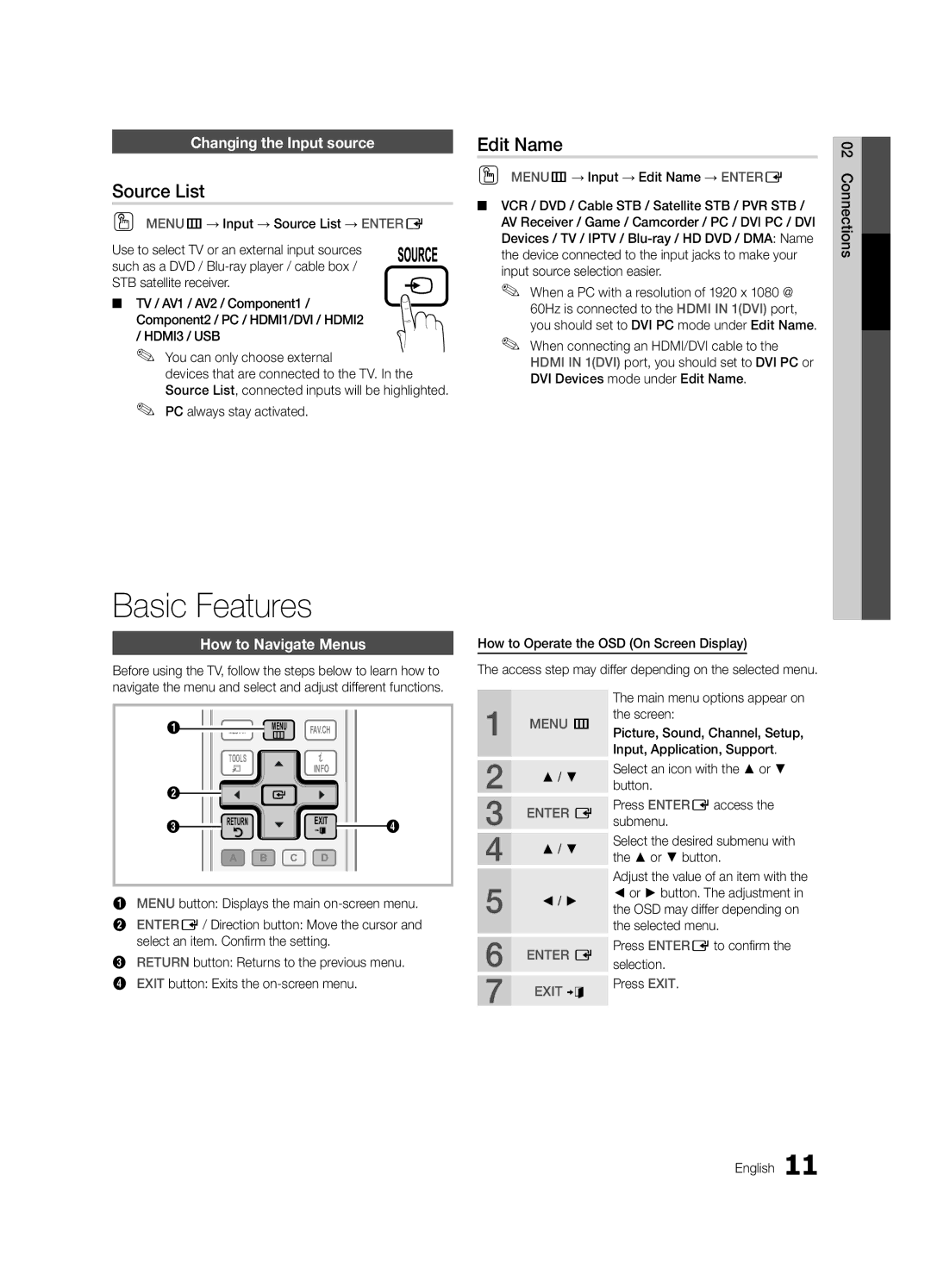 Samsung LN37C530, LN52C530 Basic Features, Source List, Edit Name, Changing the Input source, How to Navigate Menus 