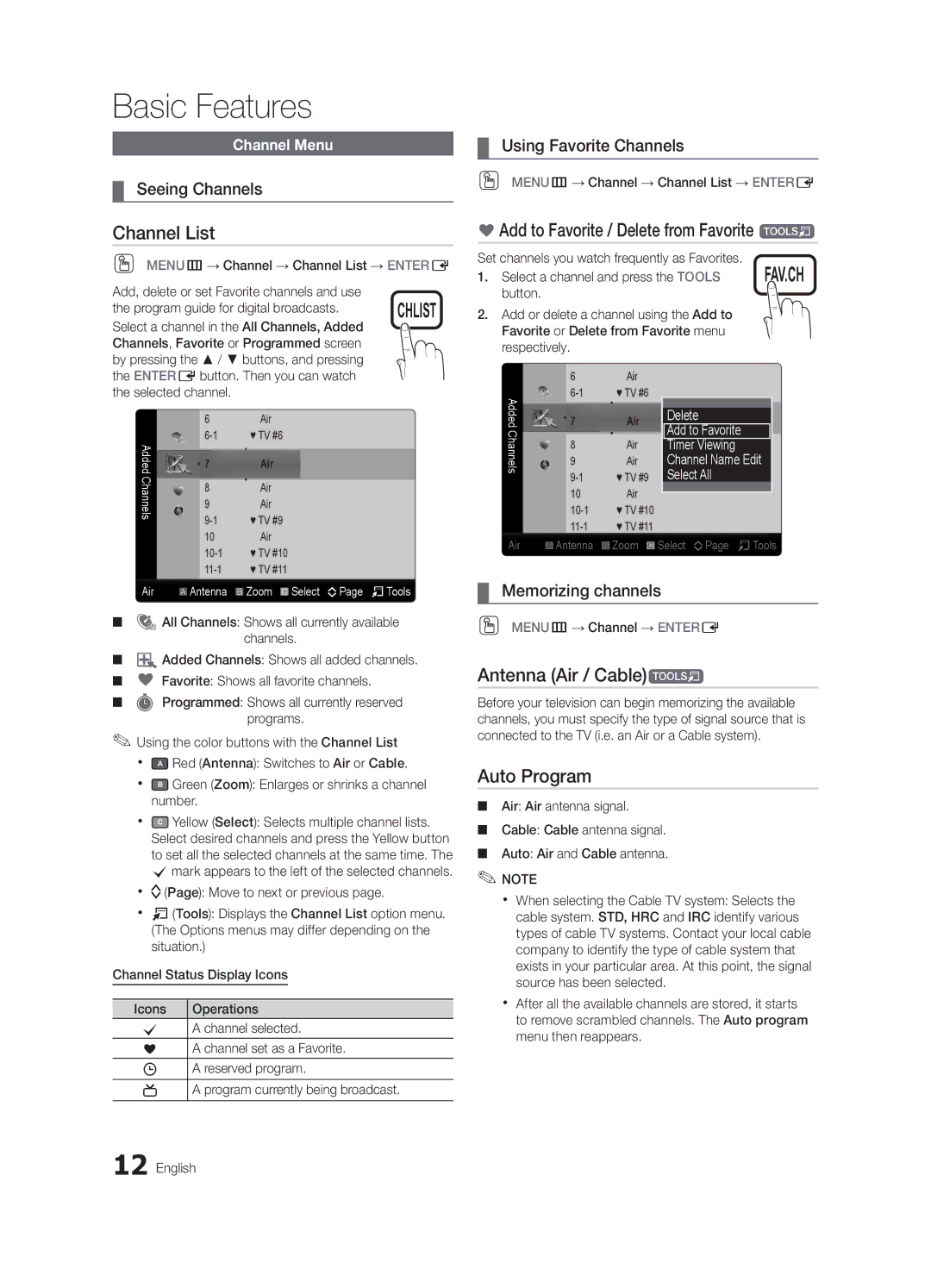 Samsung LN32C530, LN52C530 Channel List, Add to Favorite / Delete from Favorite t, Antenna Air / Cablet, Auto Program 