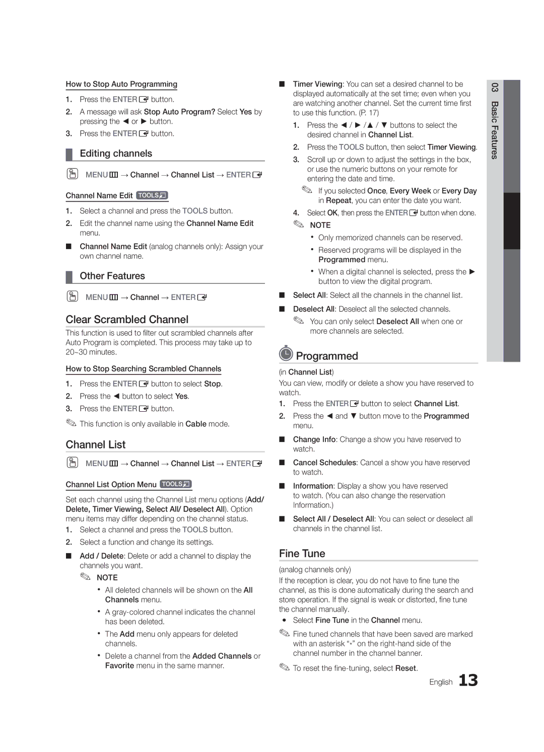 Samsung LN46C540, LN52C530, LN37C530 Clear Scrambled Channel, Programmed, Fine Tune, Editing channels, Other Features 