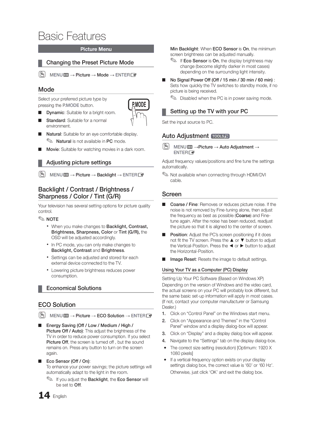 Samsung LN46C530, LN52C530, LN37C530, LN32C530, LN46C540 user manual Mode, ECO Solution, Auto Adjustment t, Screen 