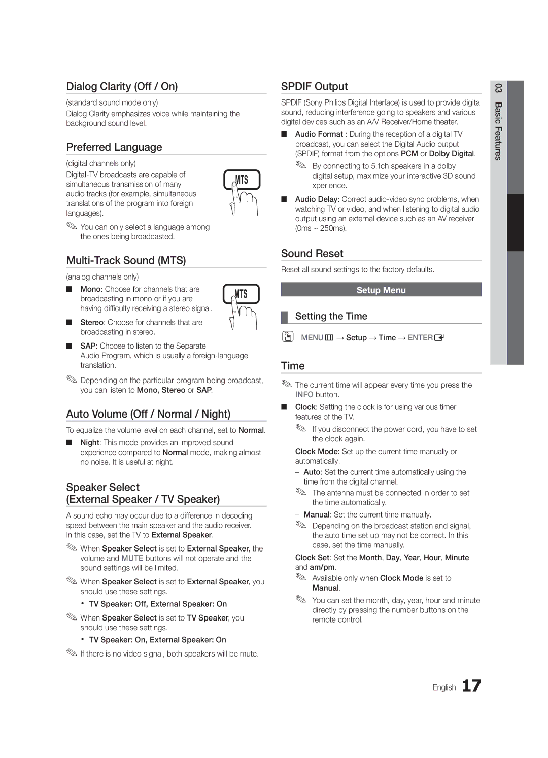 Samsung LN32C530 Dialog Clarity Off / On, Preferred Language, Multi-Track Sound MTS, Auto Volume Off / Normal / Night 