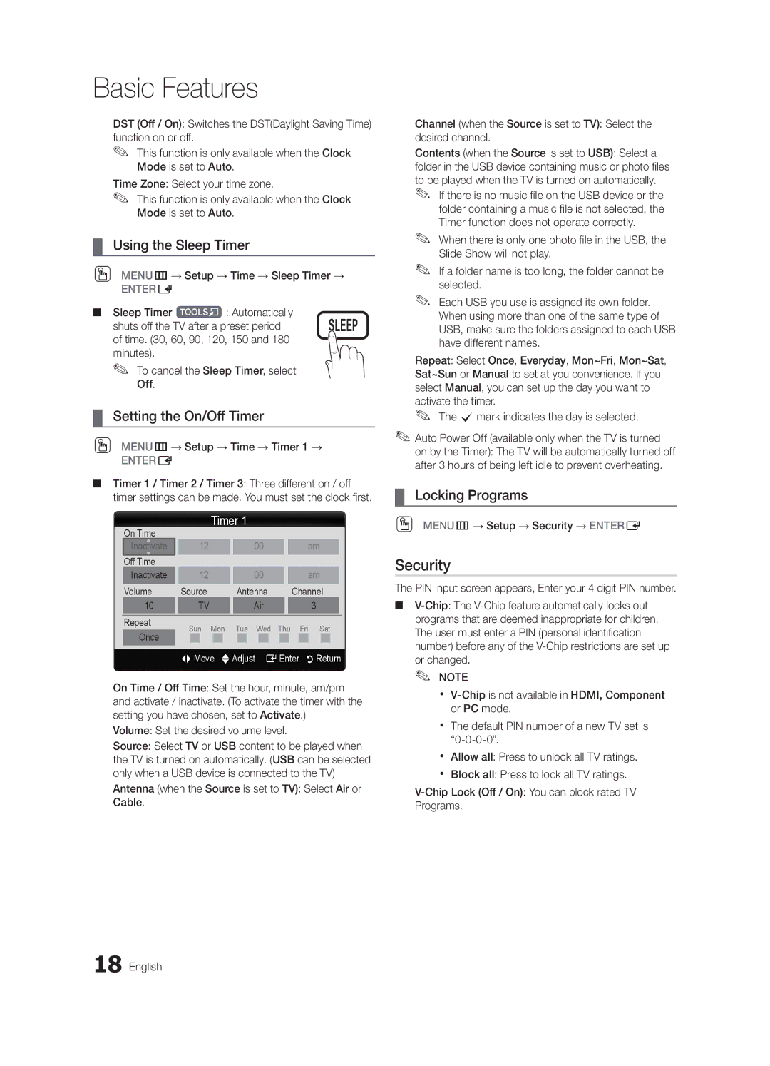 Samsung LN46C540, LN52C530, LN37C530, LN32C530 Security, Using the Sleep Timer, Setting the On/Off Timer, Locking Programs 