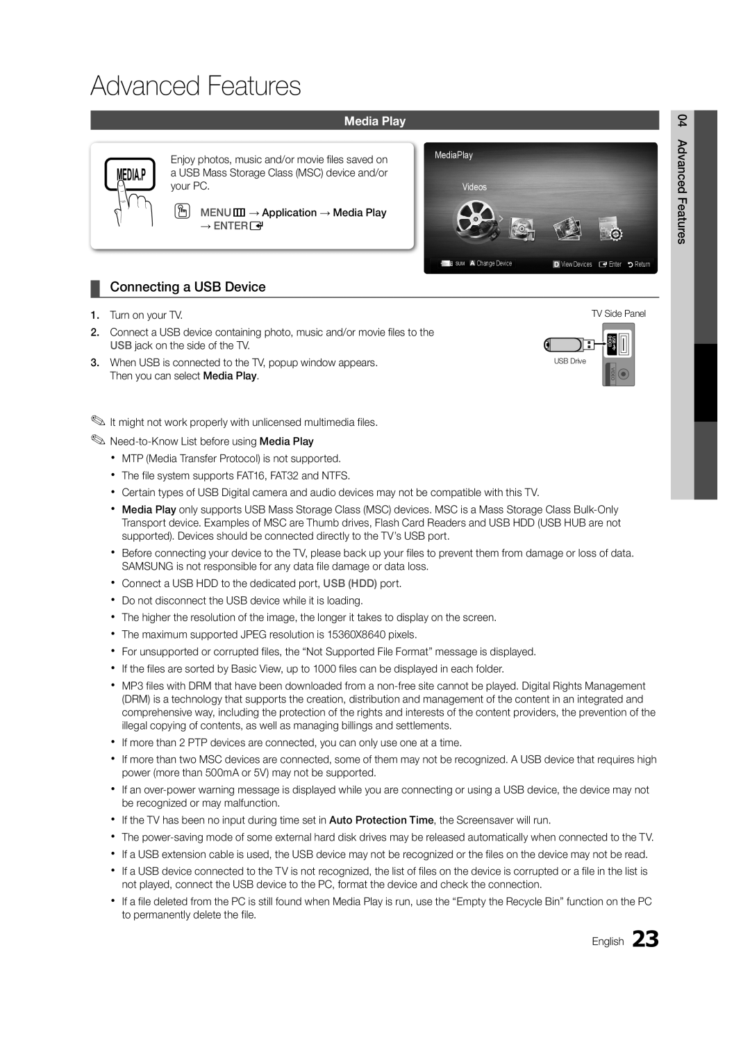 Samsung LN46C540, LN52C530, LN37C530, LN32C530, LN46C530 user manual Advanced Features, Connecting a USB Device, Media Play 