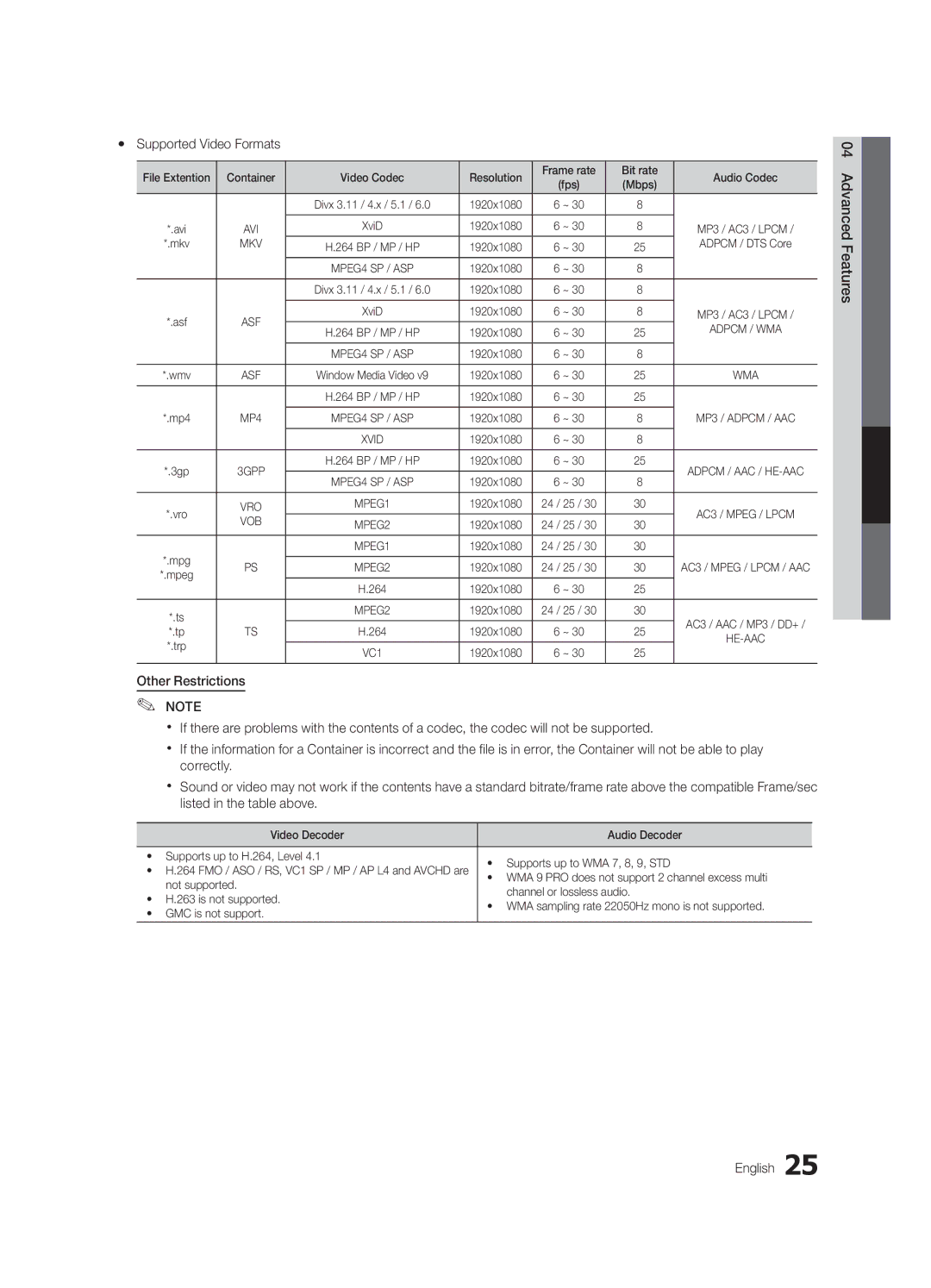 Samsung LN52C530, LN37C530, LN32C530, LN46C540, LN46C530 user manual Yy Supported Video Formats, Advanced Features English 