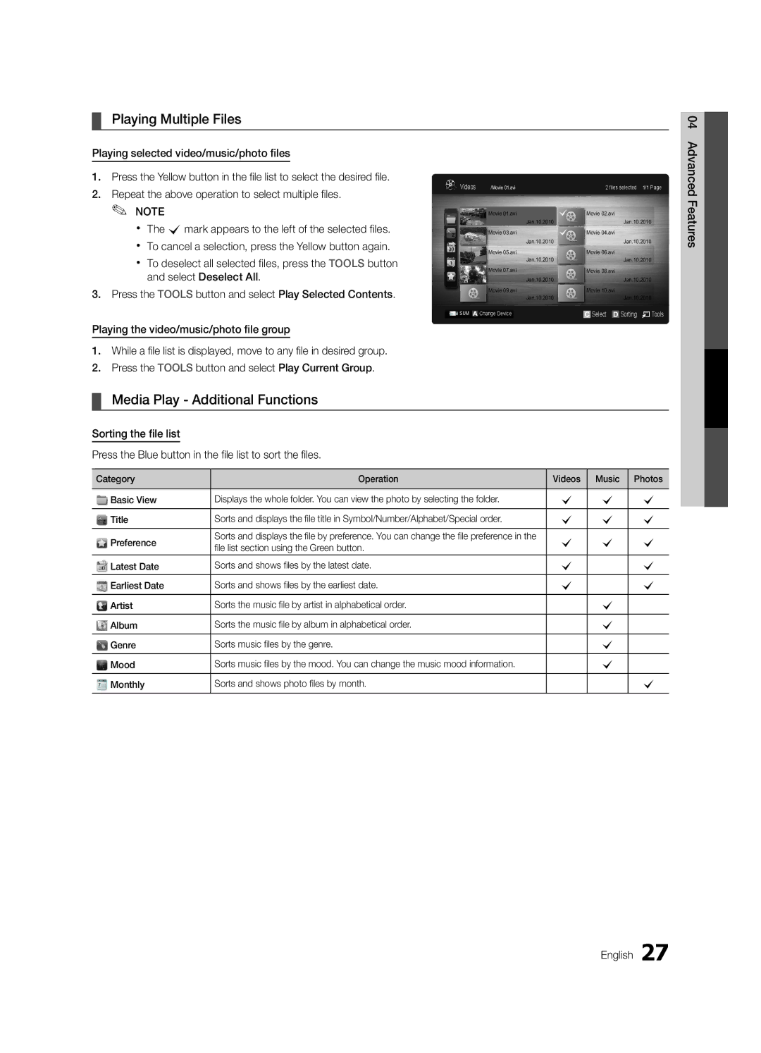 Samsung LN32C530 Playing Multiple Files, Media Play Additional Functions, Monthly Sorts and shows photo files by month 