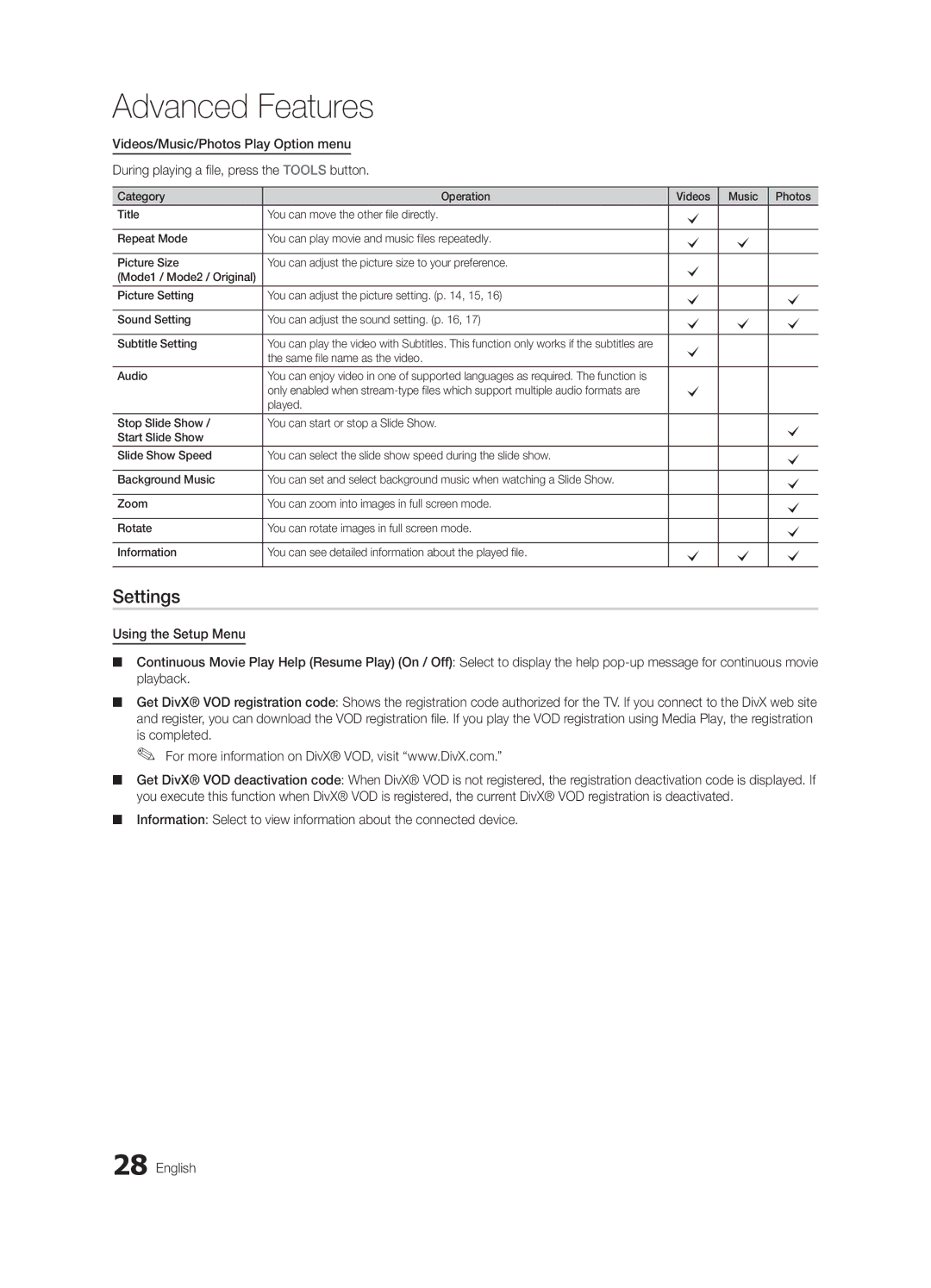 Samsung LN46C540, LN52C530, LN37C530, LN32C530, LN46C530 user manual Settings, Same file name as the video Audio 