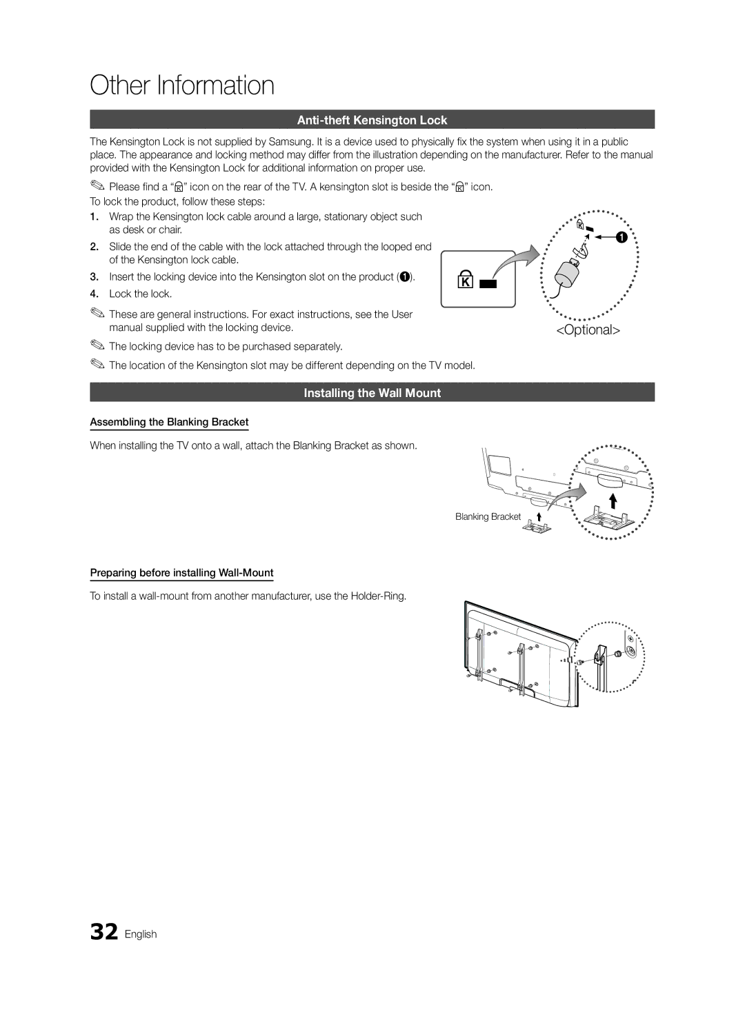 Samsung LN32C530, LN52C530 Other Information, Anti-theft Kensington Lock, Installing the Wall Mount, Blanking Bracket 