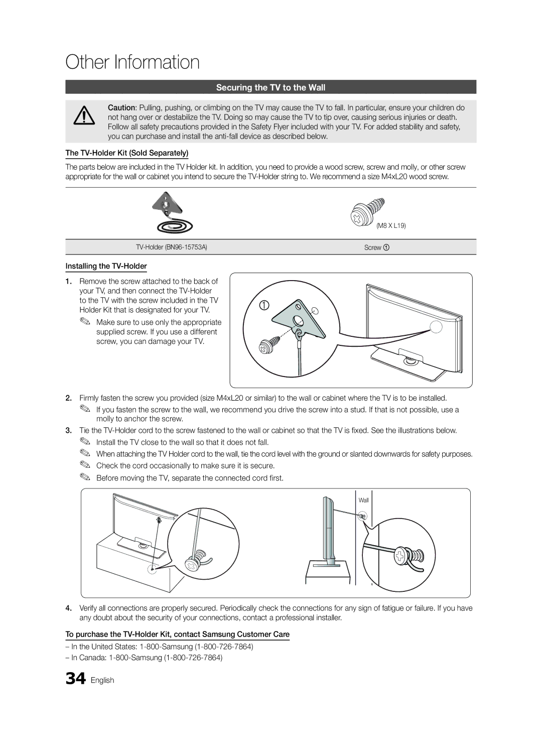 Samsung LN46C530, LN52C530, LN37C530 Securing the TV to the Wall, TV-Holder Kit Sold Separately, Installing the TV-Holder 