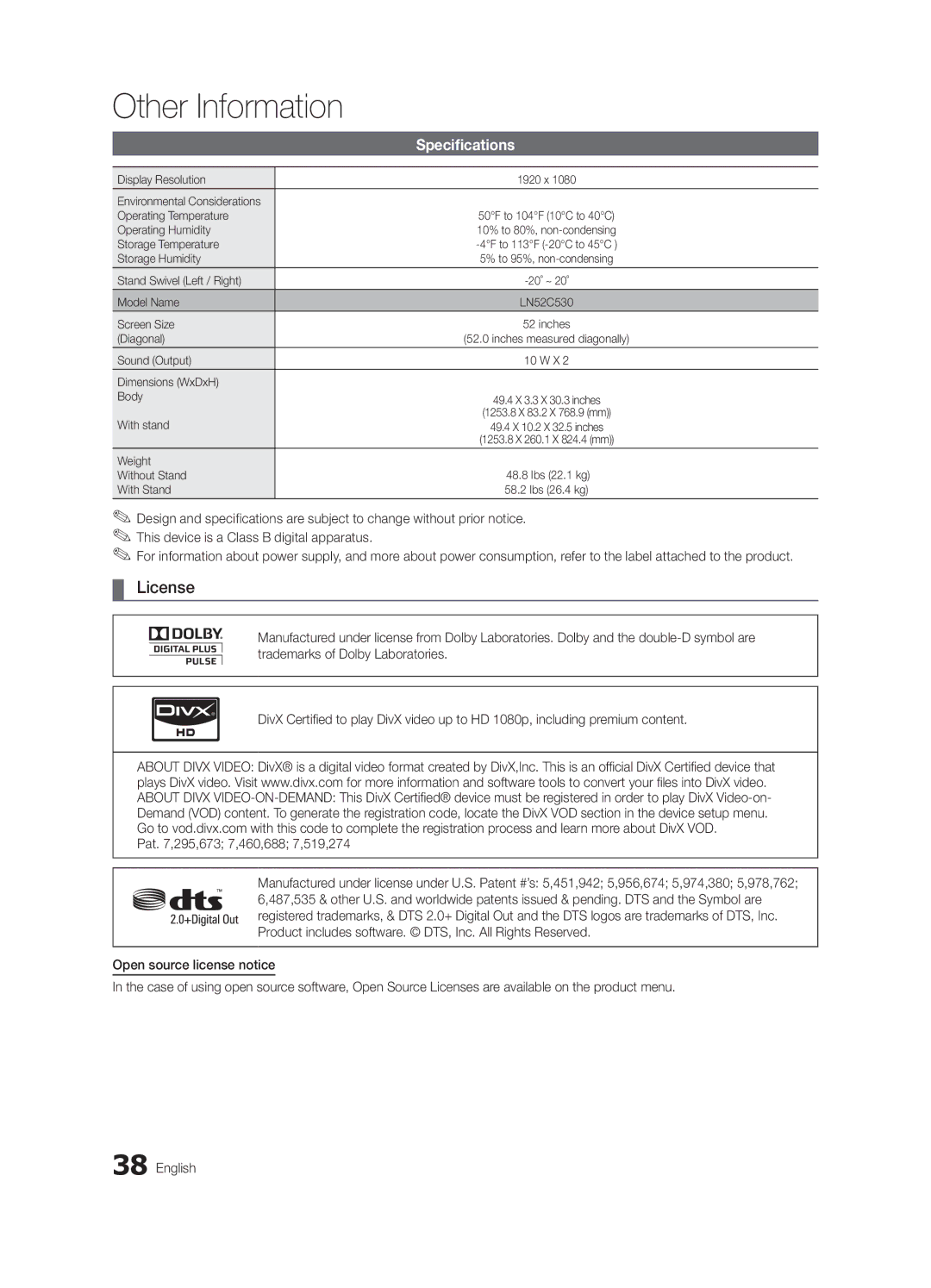 Samsung LN46C540, LN52C530, LN37C530, LN32C530, LN46C530 user manual License, Specifications 