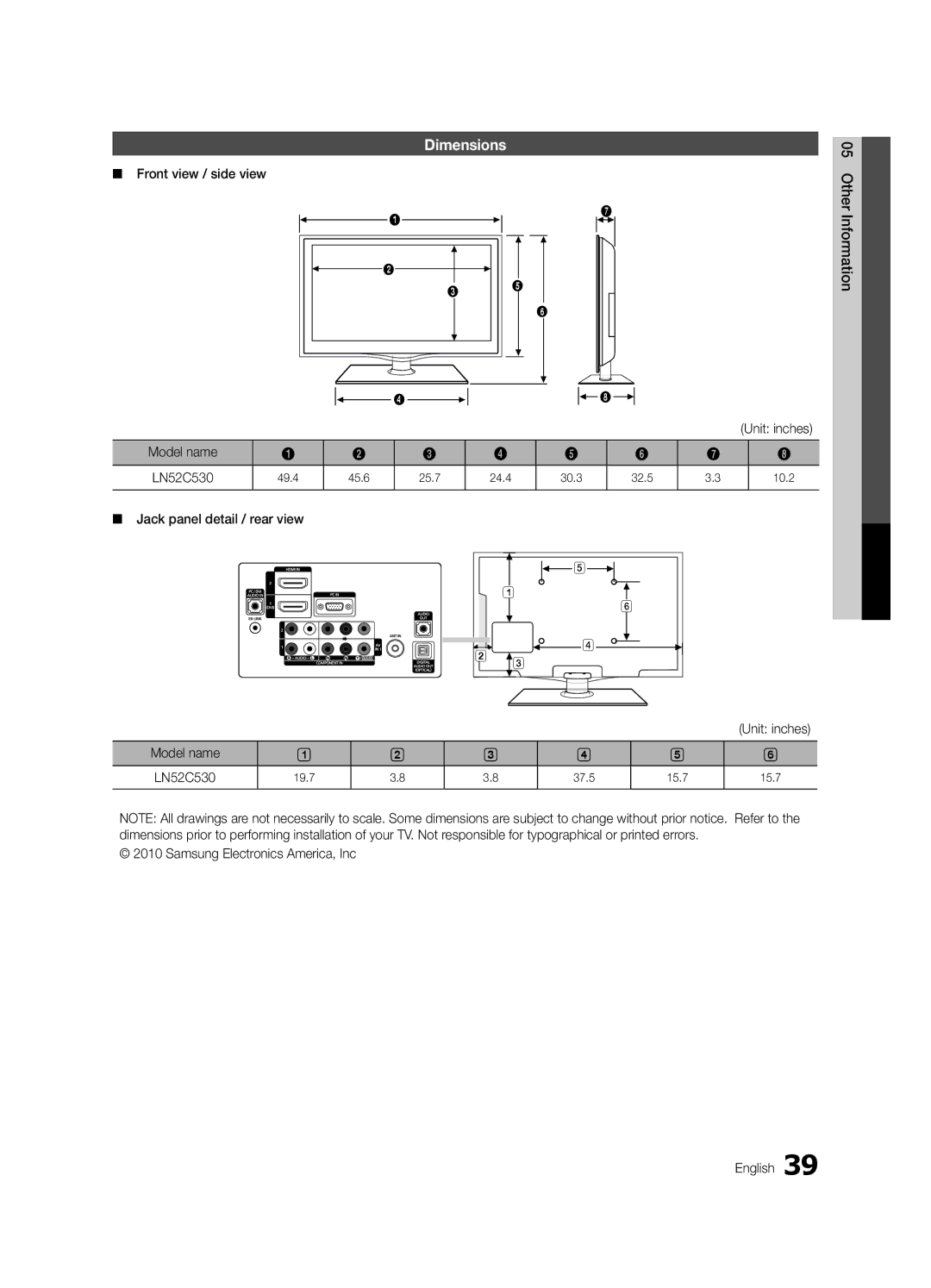 Samsung LN46C530, LN52C530, LN37C530 Dimensions, Front view / side view Other Information, Jack panel detail / rear view 