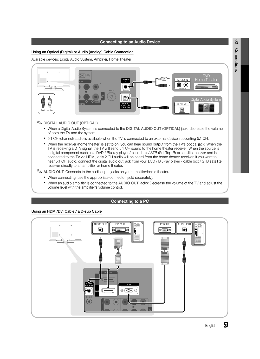 Samsung LN46C530, LN52C530 Connecting to an Audio Device, Connecting to a PC, Using an HDMI/DVI Cable / a D-sub Cable 