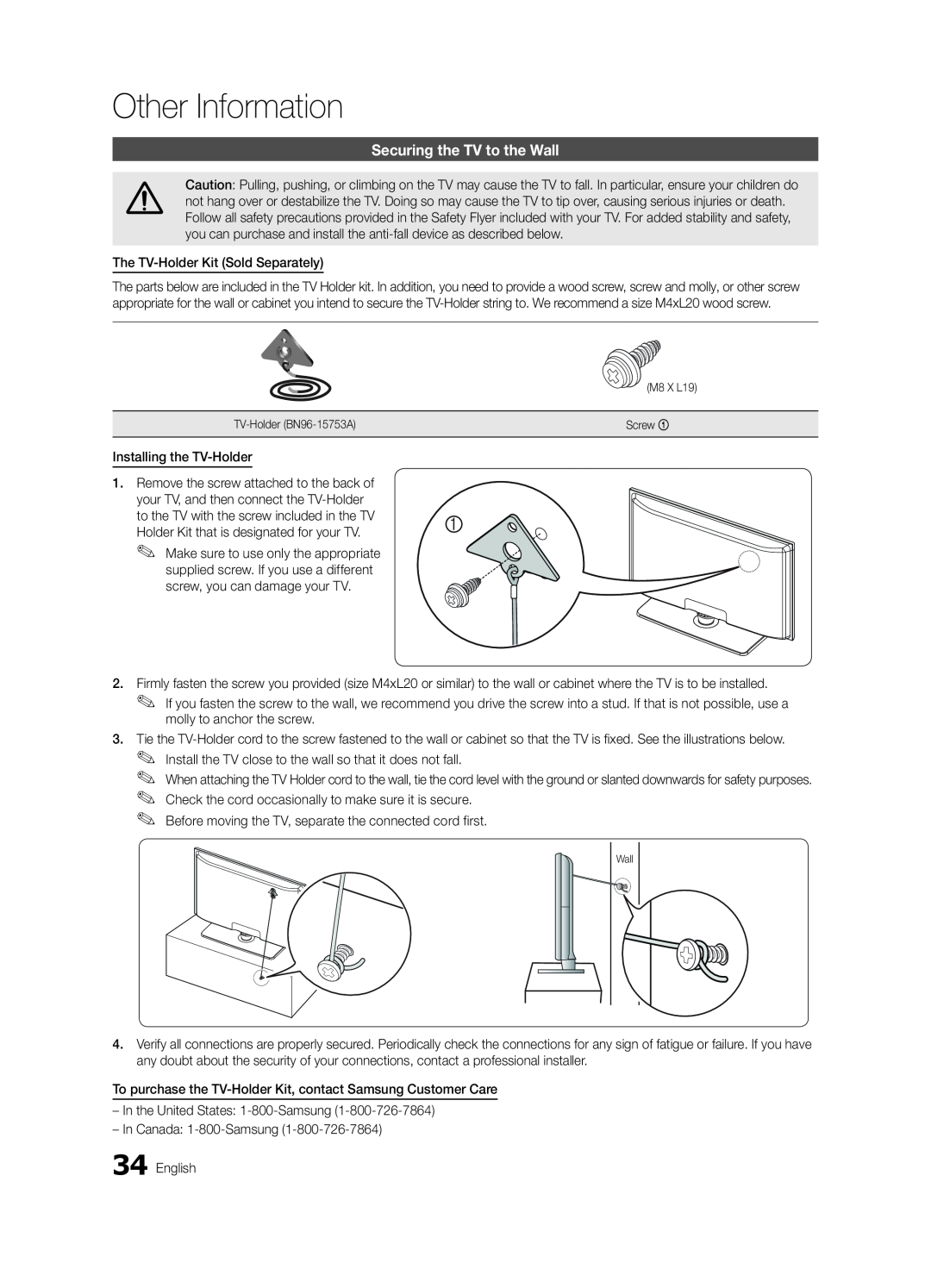 Samsung LN46C530, LN52C530, LN37C530, LN32C530, LN46C540 user manual Securing the TV to the Wall, Other Information 