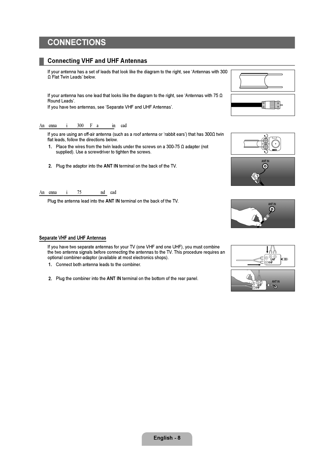 Samsung LN37B650 Connecting VHF and UHF Antennas, Antennas with 300 Ω Flat Twin Leads, Antennas with 75 Ω Round Leads 