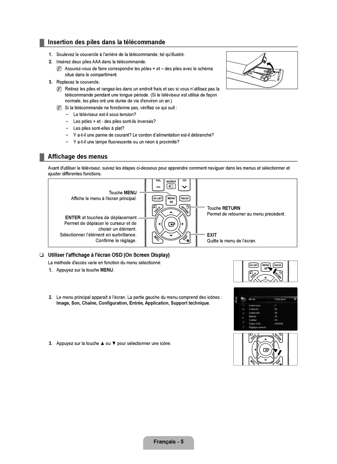 Samsung LN40B640, LN55B640 Insertion des piles dans la télécommande, Affichage des menus, Quitte le menu de l’écran 