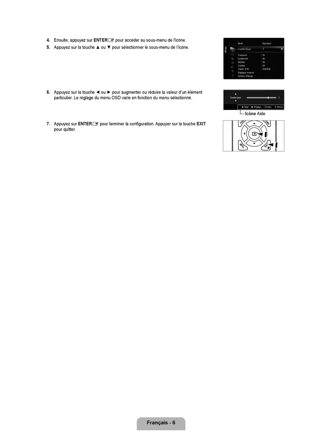 Samsung LN32B650, LN55B640, LN52B630, LN37B650, LN40B630, LN40B640, LN46B640, LN46B630 user manual Icône Aide, Contre-jour 