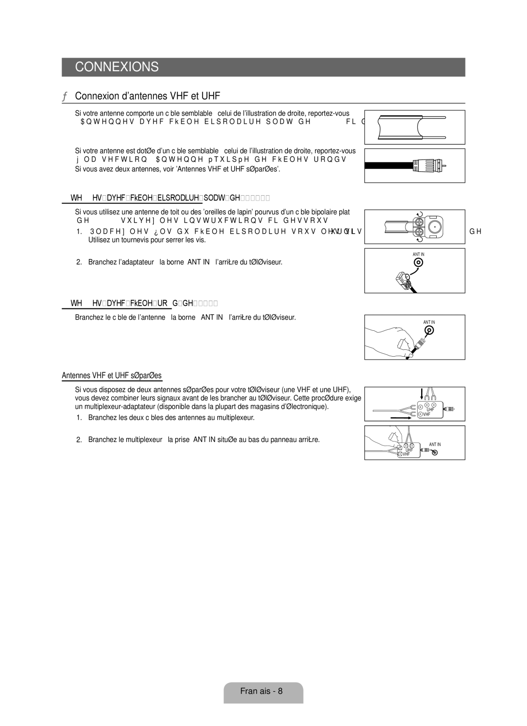 Samsung LN46B630 Connexion dantennes VHF et UHF, Antennes avec câble bipolaire plat de 300 Ω, Antennes VHF et UHF séparées 