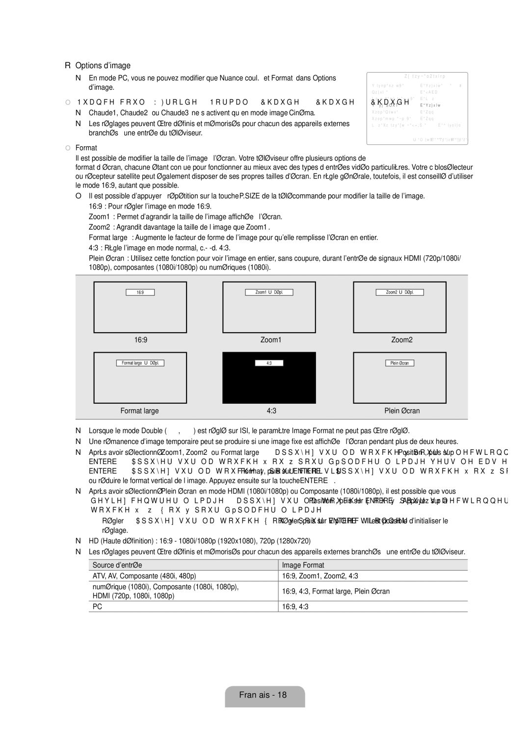 Samsung LN52B630, LN55B640, LN37B650, LN40B630 Options dimage, Format large Plein écran, Source dentrée Image Format 